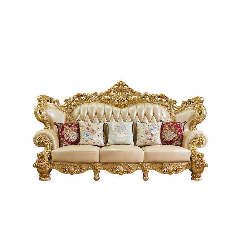 ゴールドの本革ソファ房式スプリットバックロールアームソファリビングルーム用