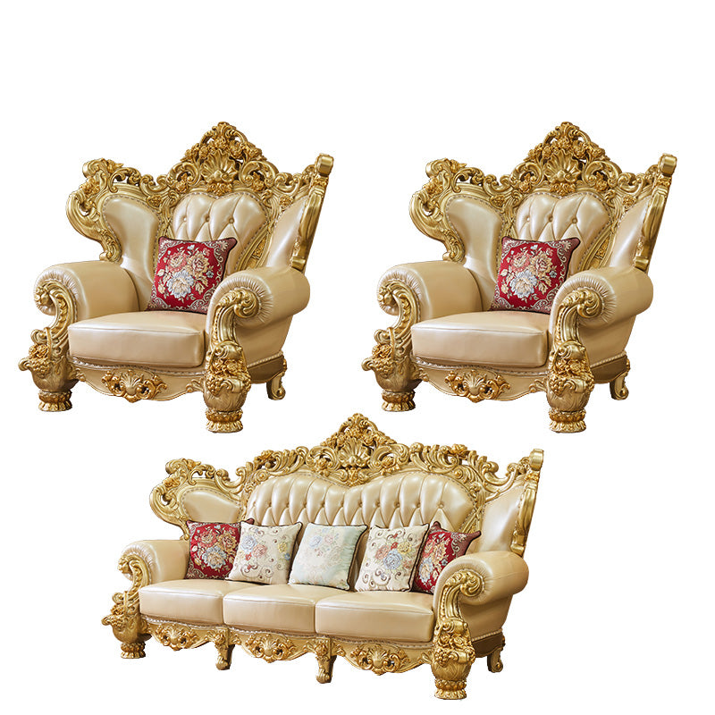 ゴールドの本革ソファ房式スプリットバックロールアームソファリビングルーム用