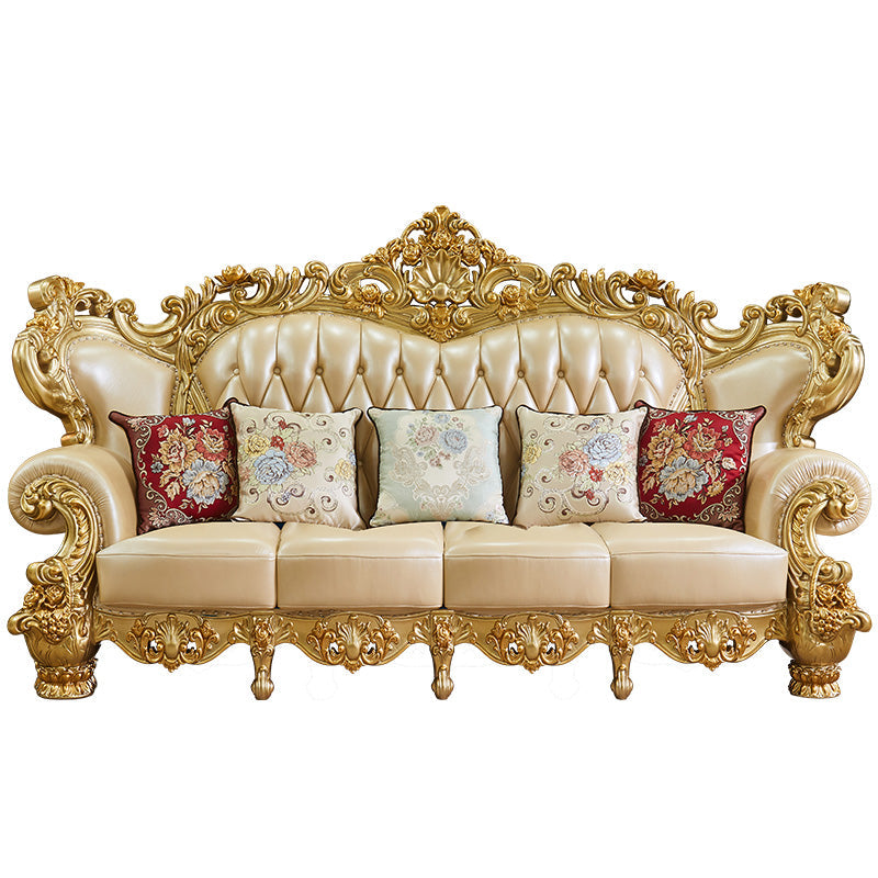 ゴールドの本革ソファ房式スプリットバックロールアームソファリビングルーム用