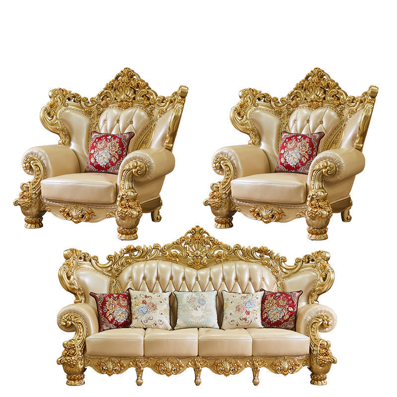 ゴールドの本革ソファ房式スプリットバックロールアームソファリビングルーム用