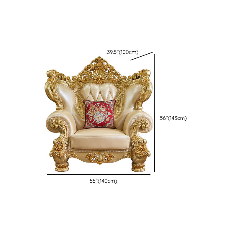 ゴールドの本革ソファ房式スプリットバックロールアームソファリビングルーム用