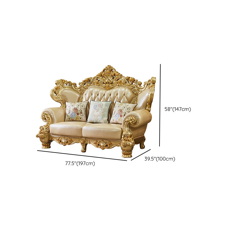 ゴールドの本革ソファ房式スプリットバックロールアームソファリビングルーム用