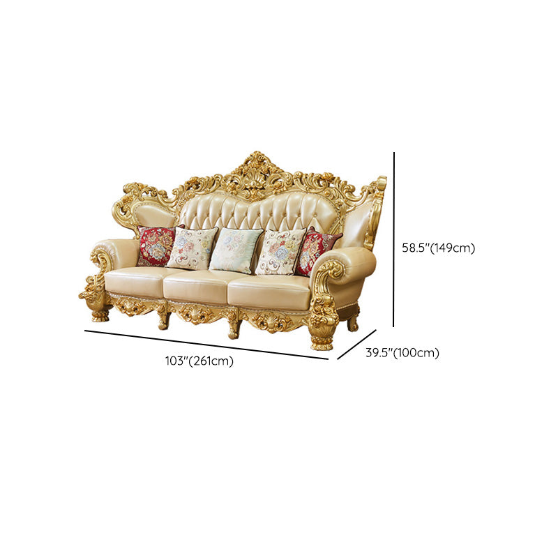 ゴールドの本革ソファ房式スプリットバックロールアームソファリビングルーム用