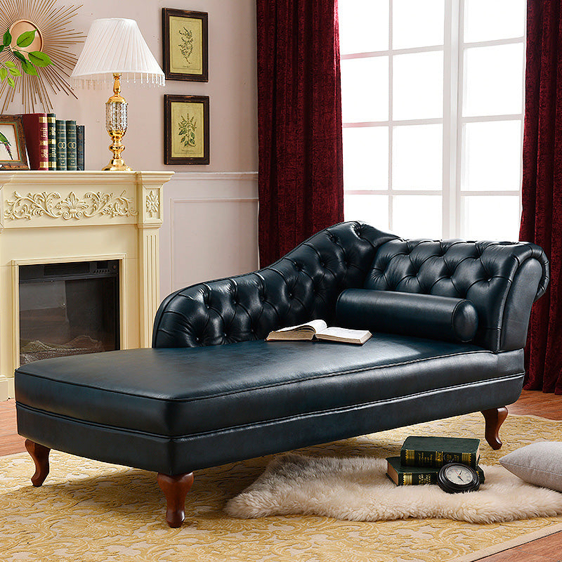 Traditional Chaise Lounge Genuine Leather Floor Chair with Recessed Arms