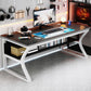 Contemporary Gaming Desk Antique Finish Wood Computer Desk with Metal Legs