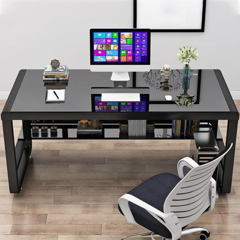 Rectangular Glass Top Office Desk Antique Finish Computer Desk with Metal Legs Clearhalo 'furn' 'furn_office_desk' 'Furniture' 'Office Desks' 'Office Furniture' 'office_desk' 7114420