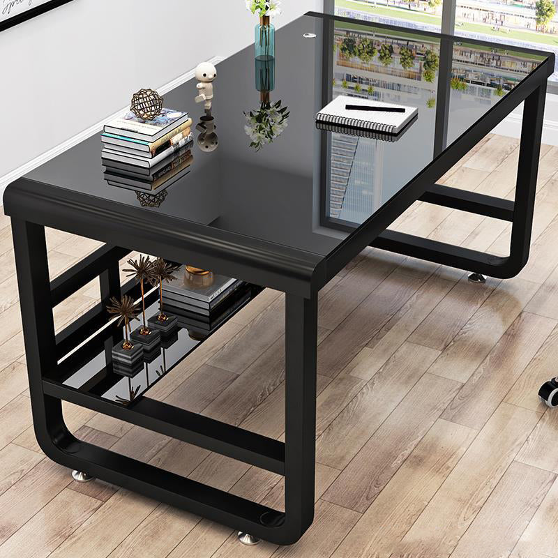 Rectangular Glass Top Office Desk Antique Finish Computer Desk with Metal Legs Without Keyboard Tray Clearhalo 'furn' 'furn_office_desk' 'Furniture' 'Office Desks' 'Office Furniture' 'office_desk' 7114421