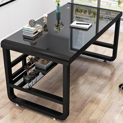 Rectangular Glass Top Office Desk Antique Finish Computer Desk with Metal Legs Without Keyboard Tray Clearhalo 'furn' 'furn_office_desk' 'Furniture' 'Office Desks' 'Office Furniture' 'office_desk' 7114421