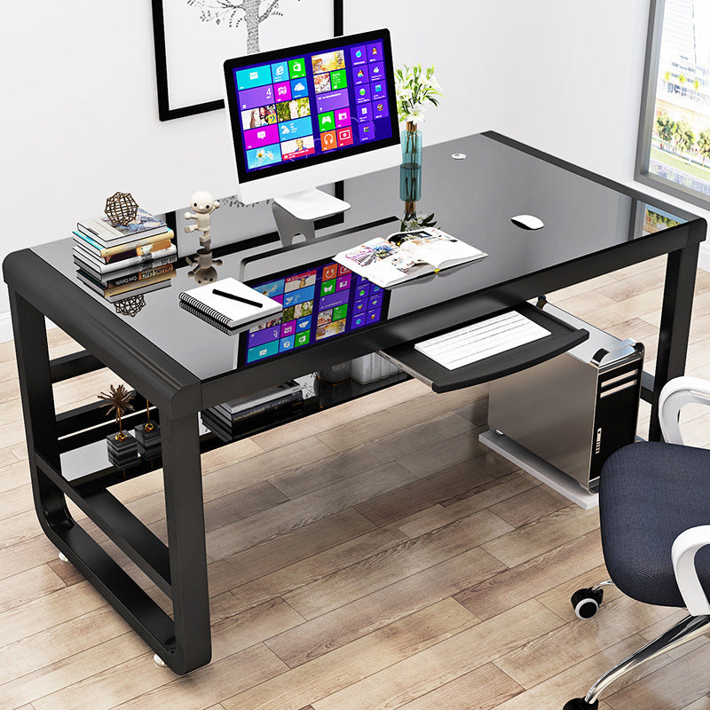 Rectangular Glass Top Office Desk Antique Finish Computer Desk with Metal Legs With Keyboard Tray Clearhalo 'furn' 'furn_office_desk' 'Furniture' 'Office Desks' 'Office Furniture' 'office_desk' 7114422