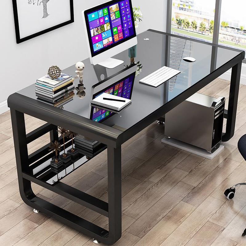 Rectangular Glass Top Office Desk Antique Finish Computer Desk with Metal Legs 55.1"L x 23.6"W x 29.5"H Without Keyboard Tray Clearhalo 'furn' 'furn_office_desk' 'Furniture' 'Office Desks' 'Office Furniture' 'office_desk' 7114423