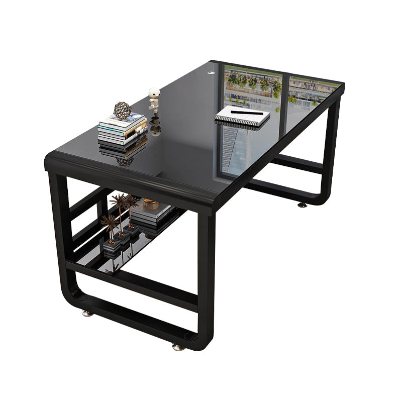 Rectangular Glass Top Office Desk Antique Finish Computer Desk with Metal Legs Clearhalo 'furn' 'furn_office_desk' 'Furniture' 'Office Desks' 'Office Furniture' 'office_desk' 7114426