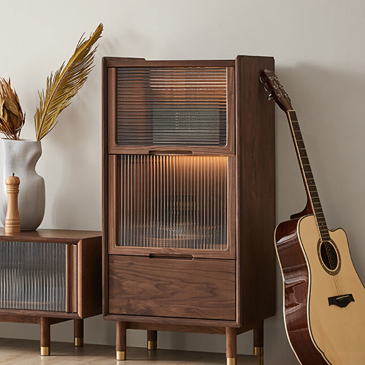 Walnut Glass Paned Accent Cabinet Mi-Century Modern 41.3" Tall Chest with Drawer Clearhalo 'Cabinets & Chests' 'cabinets_chests' 'furn' 'furn_cabinets_chests' 'Furniture' 'Living Room Furniture' 7117436