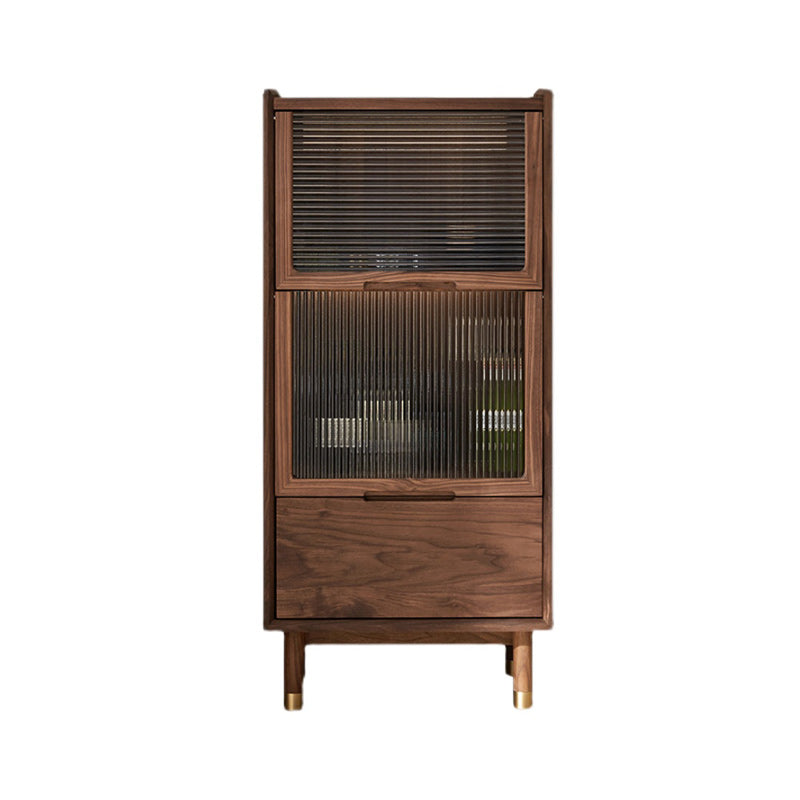 Walnut Glass Paned Accent Cabinet Mi-Century Modern 41.3" Tall Chest with Drawer Walnut Clearhalo 'Cabinets & Chests' 'cabinets_chests' 'furn' 'furn_cabinets_chests' 'Furniture' 'Living Room Furniture' 7117437