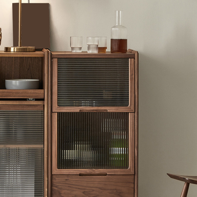 Walnut Glass Paned Accent Cabinet Mi-Century Modern 41.3" Tall Chest with Drawer Clearhalo 'Cabinets & Chests' 'cabinets_chests' 'furn' 'furn_cabinets_chests' 'Furniture' 'Living Room Furniture' 7117445