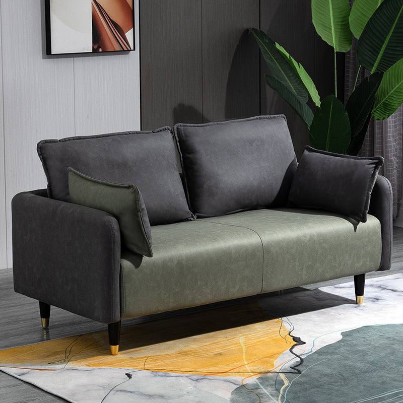 Contemporary Sofa with 2 Pillows Tuxedo Arm Living Room Faux Leather Settee