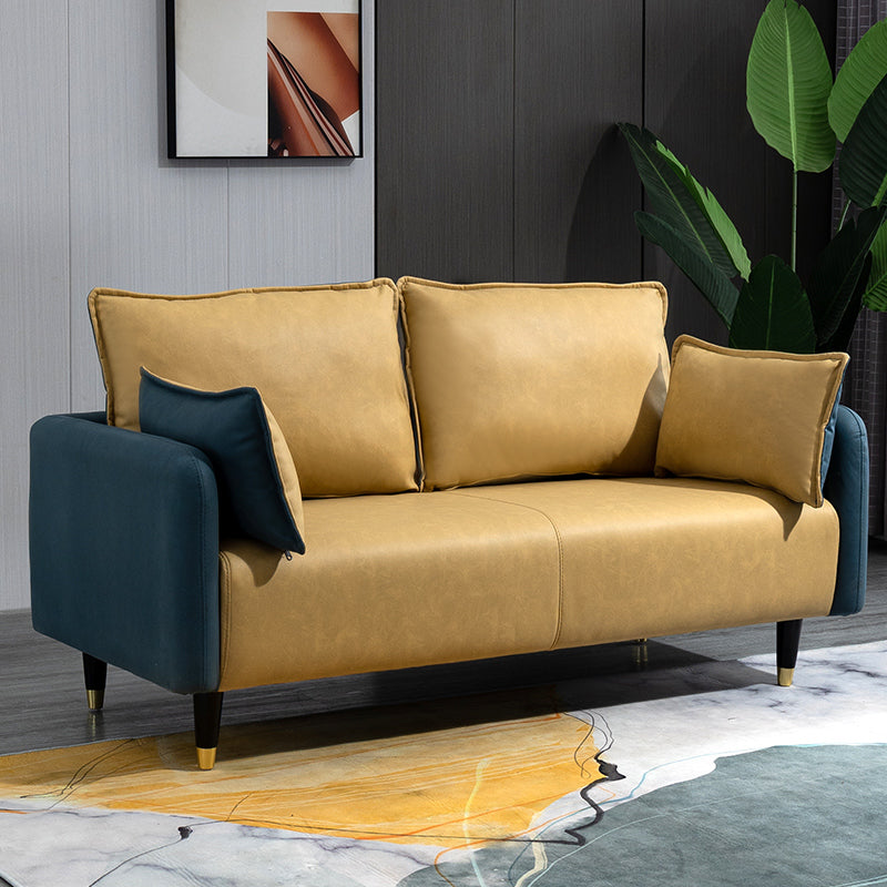 Contemporary Sofa with 2 Pillows Tuxedo Arm Living Room Faux Leather Settee