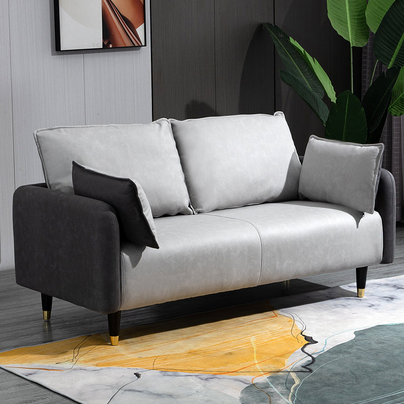 Contemporary Sofa with 2 Pillows Tuxedo Arm Living Room Faux Leather Settee