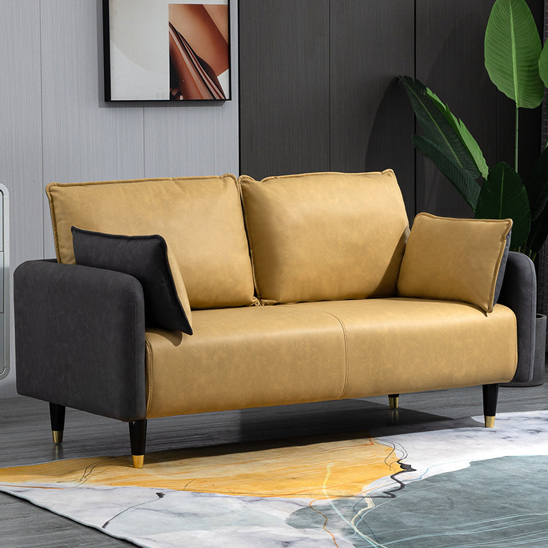 Contemporary Sofa with 2 Pillows Tuxedo Arm Living Room Faux Leather Settee