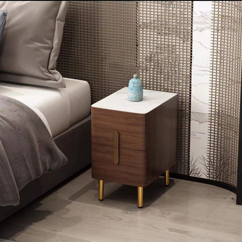 Stone Nightstand Classic Glam Bedside Cabinet with 2 Drawers Nut-Brown 1 Piece Clearhalo 'Bedroom Furniture' 'furn' 'furn_night_stand' 'Furniture' 'night_stand' 'Nightstands' 7129511