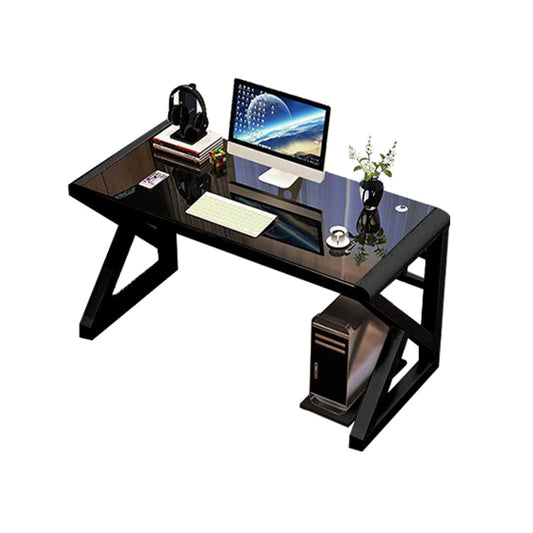 Glass Top Computer Desk Antique Finish Gaming Desk with Metal Legs