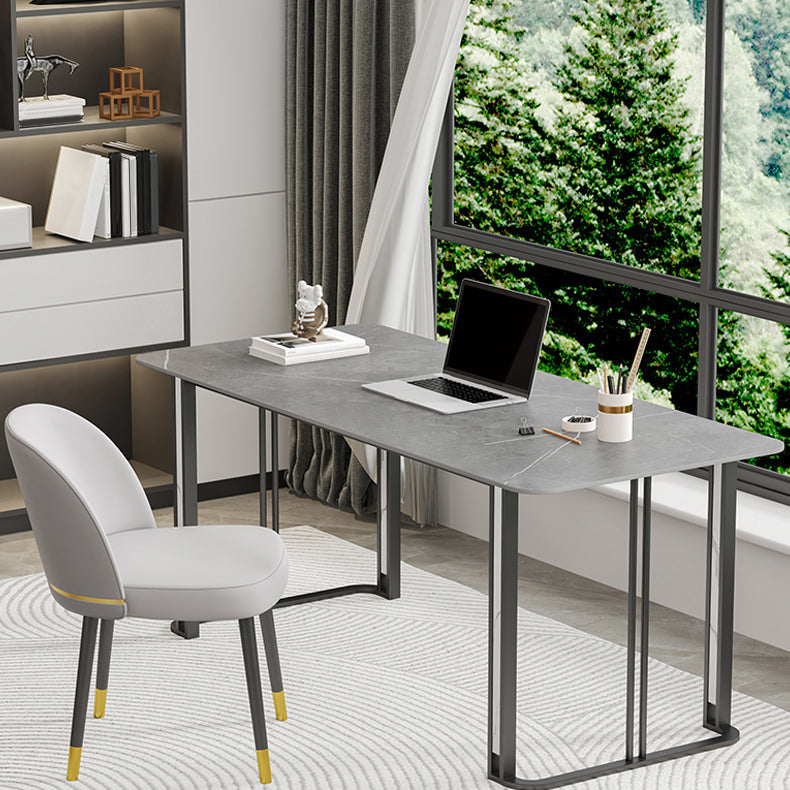 Contemporary Rectangular Office Desk Antique Finish Writing Desk with Metal Legs 63"L x 31.5"W x 29.5"H Gray Clearhalo 'furn' 'furn_office_desk' 'Furniture' 'Office Desks' 'Office Furniture' 'office_desk' 7130475