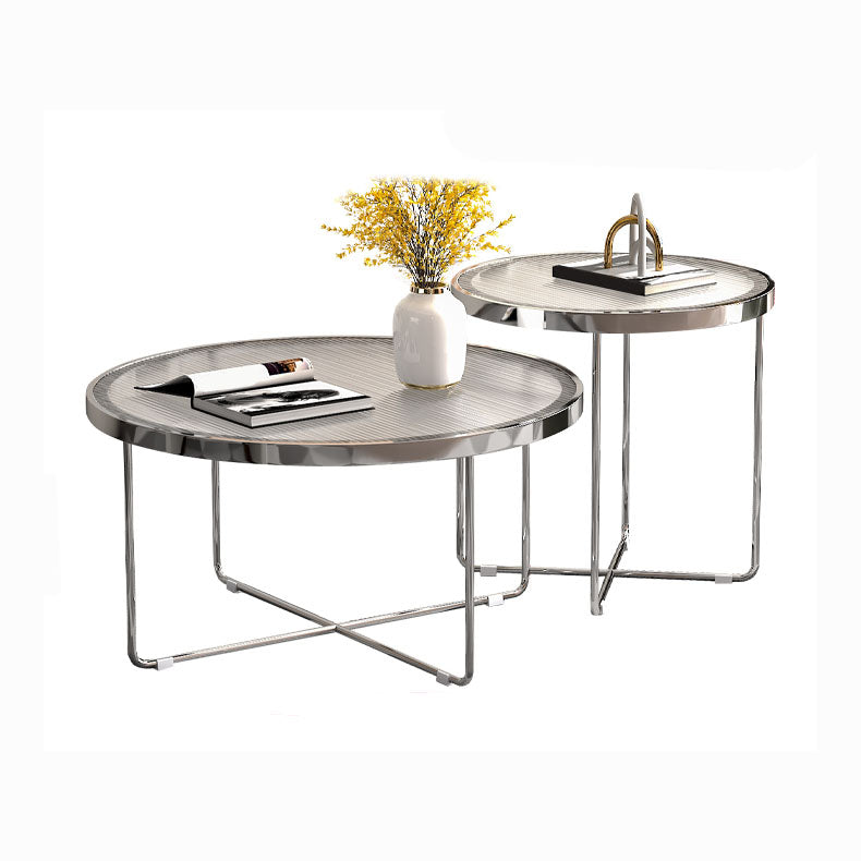 Round Cross Legs Coffee Table Stainless Steel Cocktail Table 28"L x 28"W x 15"H + 19"L x 19"W x 18.5"H Clear Clearhalo 'Coffee & Accent Tables' 'Coffee Tables' 'coffee_tables' 'furn' 'furn_coffee_tables' 'Furniture' 'Living Room Furniture' 7131391