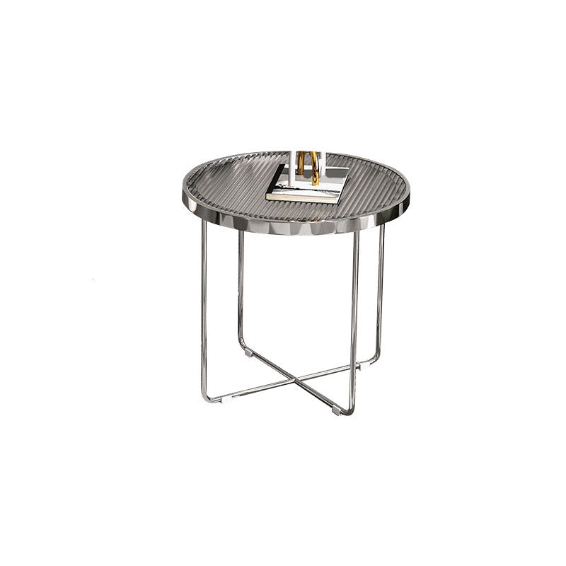 Round Cross Legs Coffee Table Stainless Steel Cocktail Table 19"L x 19"W x 18.5"H Clear Clearhalo 'Coffee & Accent Tables' 'Coffee Tables' 'coffee_tables' 'furn' 'furn_coffee_tables' 'Furniture' 'Living Room Furniture' 7131396