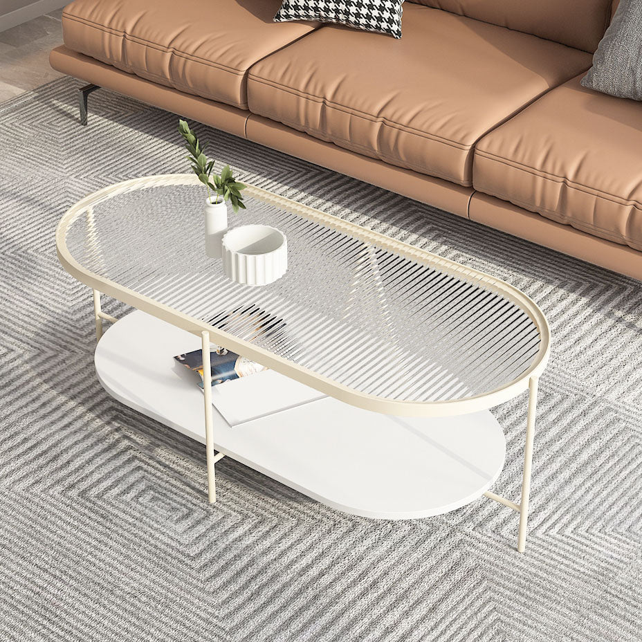4 Legs Metal Coffee Table Shelf Included Oval Glass Top Cocktail Table Clearhalo 'Coffee & Accent Tables' 'Coffee Tables' 'coffee_tables' 'furn' 'furn_coffee_tables' 'Furniture' 'Living Room Furniture' 7131411