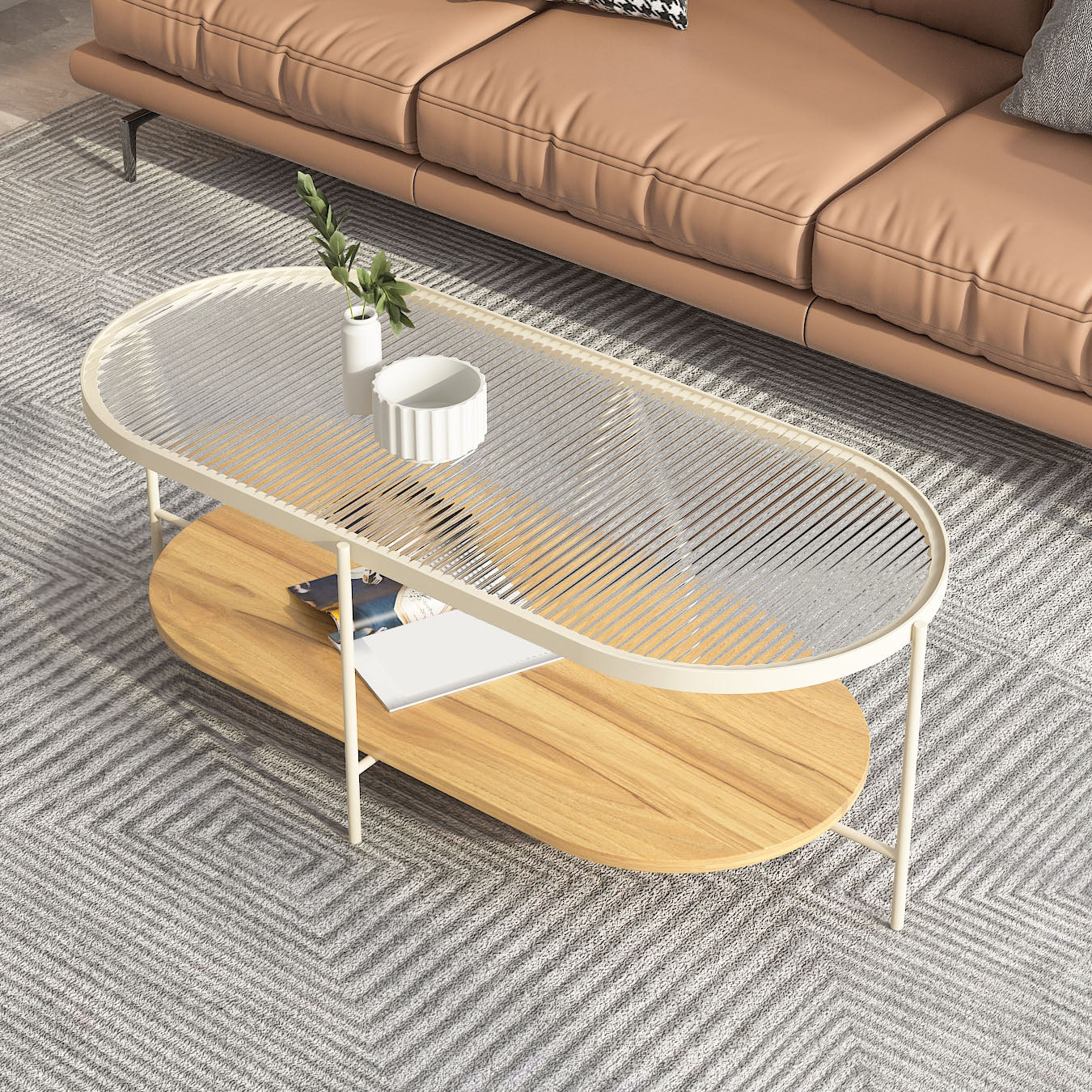 4 Legs Metal Coffee Table Shelf Included Oval Glass Top Cocktail Table Clearhalo 'Coffee & Accent Tables' 'Coffee Tables' 'coffee_tables' 'furn' 'furn_coffee_tables' 'Furniture' 'Living Room Furniture' 7131412