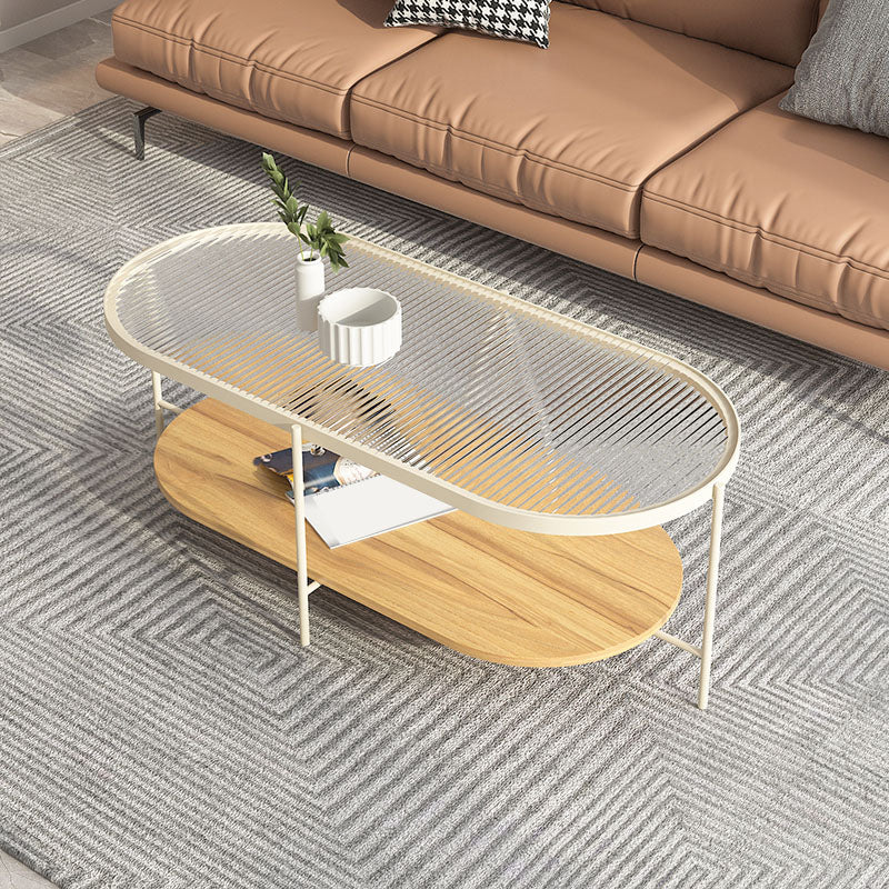 4 Legs Metal Coffee Table Shelf Included Oval Glass Top Cocktail Table 49"L x 21.5"W x 18"H Wood Clearhalo 'Coffee & Accent Tables' 'Coffee Tables' 'coffee_tables' 'furn' 'furn_coffee_tables' 'Furniture' 'Living Room Furniture' 7131414