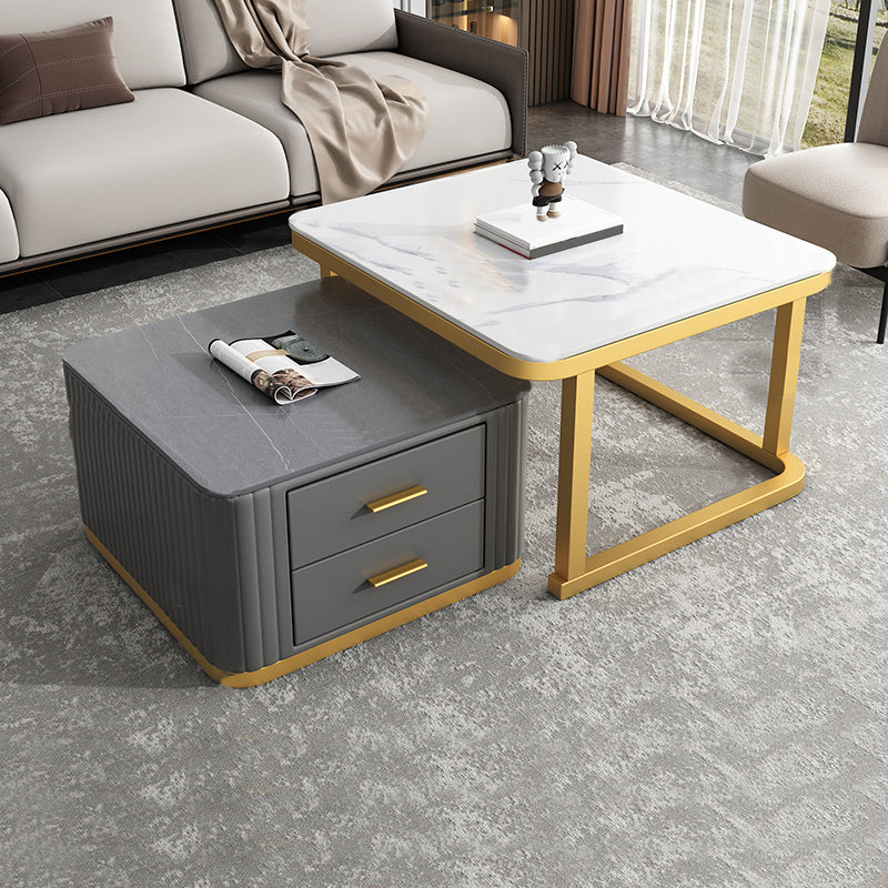 Modern Square Stone Coffee Table with Drawers 2 Nesting Cocktail Table Set 28"L x 28"W x 18"H + 24"L x 24"W x 15"H Grey Gold White Clearhalo 'Coffee & Accent Tables' 'Coffee Tables' 'coffee_tables' 'furn' 'furn_coffee_tables' 'Furniture' 'Living Room Furniture' 7131526