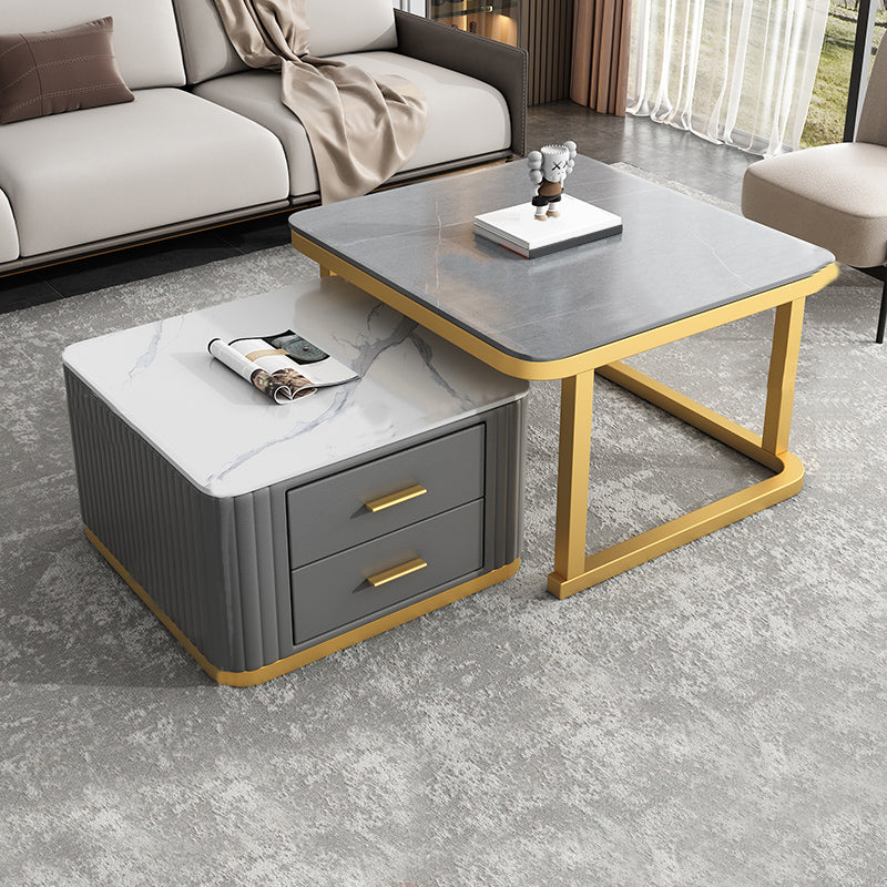 Modern Square Stone Coffee Table with Drawers 2 Nesting Cocktail Table Set 28"L x 28"W x 18"H + 24"L x 24"W x 15"H Grey Gold Grey White Clearhalo 'Coffee & Accent Tables' 'Coffee Tables' 'coffee_tables' 'furn' 'furn_coffee_tables' 'Furniture' 'Living Room Furniture' 7131531