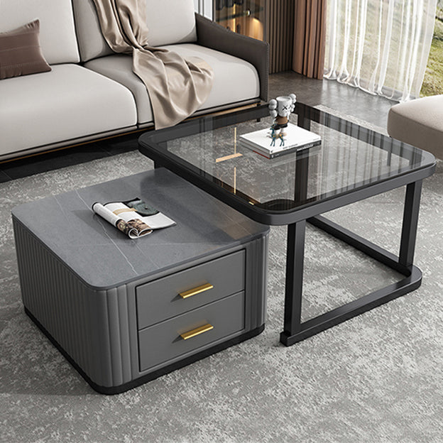 Modern Square Stone Coffee Table with Drawers 2 Nesting Cocktail Table Set 28"L x 28"W x 18"H + 24"L x 24"W x 15"H Black Gray Clear Clearhalo 'Coffee & Accent Tables' 'Coffee Tables' 'coffee_tables' 'furn' 'furn_coffee_tables' 'Furniture' 'Living Room Furniture' 7131544