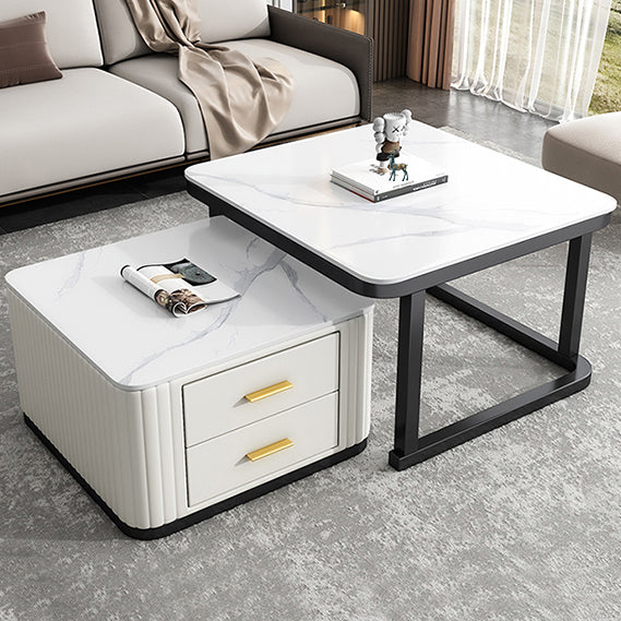 Modern Square Stone Coffee Table with Drawers 2 Nesting Cocktail Table Set 28"L x 28"W x 18"H + 24"L x 24"W x 15"H White White Clearhalo 'Coffee & Accent Tables' 'Coffee Tables' 'coffee_tables' 'furn' 'furn_coffee_tables' 'Furniture' 'Living Room Furniture' 7131549