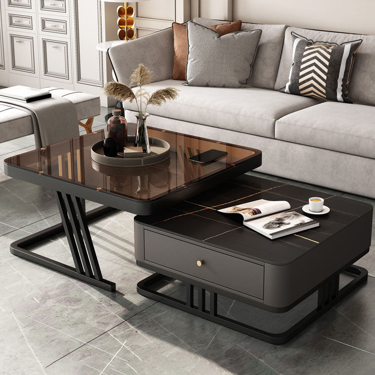 Square Slate Frame Cocktail Table with Drawers 2 Nesting Coffee Table Set Brown Black Clearhalo 'Coffee & Accent Tables' 'Coffee Tables' 'coffee_tables' 'furn' 'furn_coffee_tables' 'Furniture' 'Living Room Furniture' 7131588