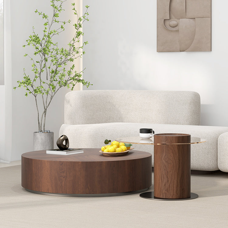 Contemporary Round Wood Coffee Table Drum Base Cocktail Table