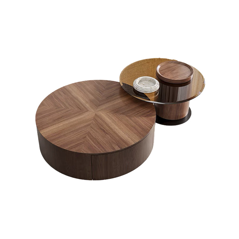 Contemporary Round Wood Coffee Table Drum Base Cocktail Table