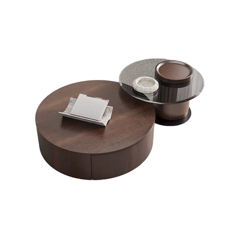 Contemporary Round Wood Coffee Table Drum Base Cocktail Table