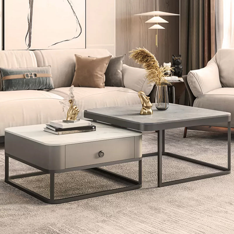 Frame Coffee Table Slate/Glass Top Coffee or End Table with Drawer Black White Grey Clearhalo 'Coffee & Accent Tables' 'Coffee Tables' 'coffee_tables' 'furn' 'furn_coffee_tables' 'Furniture' 'Living Room Furniture' 7131634