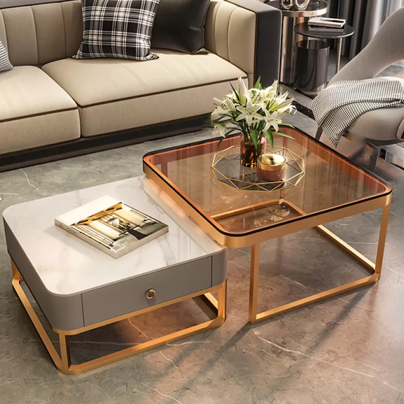 Frame Coffee Table Slate/Glass Top Coffee or End Table with Drawer Gold White Brown Clearhalo 'Coffee & Accent Tables' 'Coffee Tables' 'coffee_tables' 'furn' 'furn_coffee_tables' 'Furniture' 'Living Room Furniture' 7131644