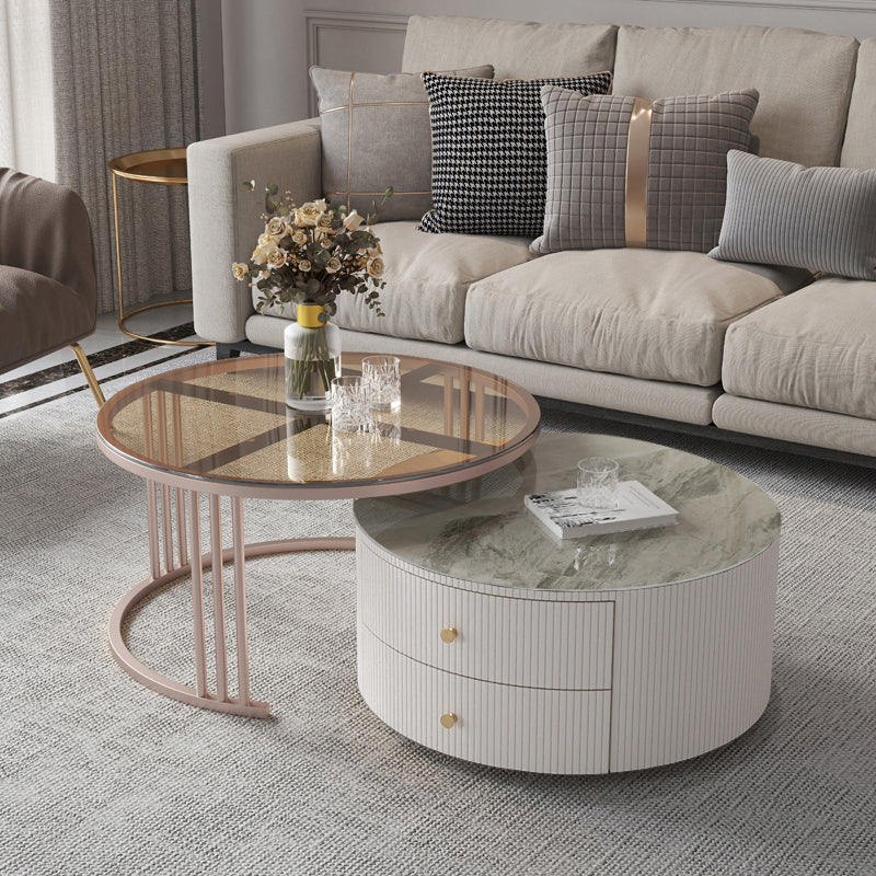 Glam Nesting Coffee Table Set Drum Round Slate Coffee Table with Drawers 28"L x 28"W x 17"H + 24"L x 24"W x 14"H Glass Gray Clearhalo 'Coffee & Accent Tables' 'Coffee Tables' 'coffee_tables' 'furn' 'furn_coffee_tables' 'Furniture' 'Living Room Furniture' 7131707