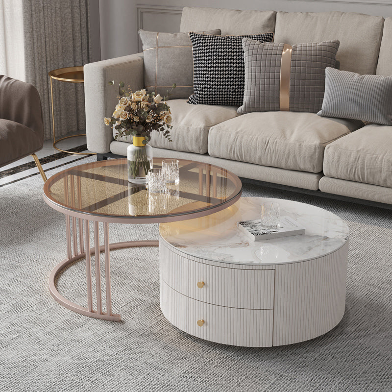 Glam Nesting Coffee Table Set Drum Round Slate Coffee Table with Drawers 28"L x 28"W x 17"H + 24"L x 24"W x 14"H Glass Grey White Clearhalo 'Coffee & Accent Tables' 'Coffee Tables' 'coffee_tables' 'furn' 'furn_coffee_tables' 'Furniture' 'Living Room Furniture' 7131711