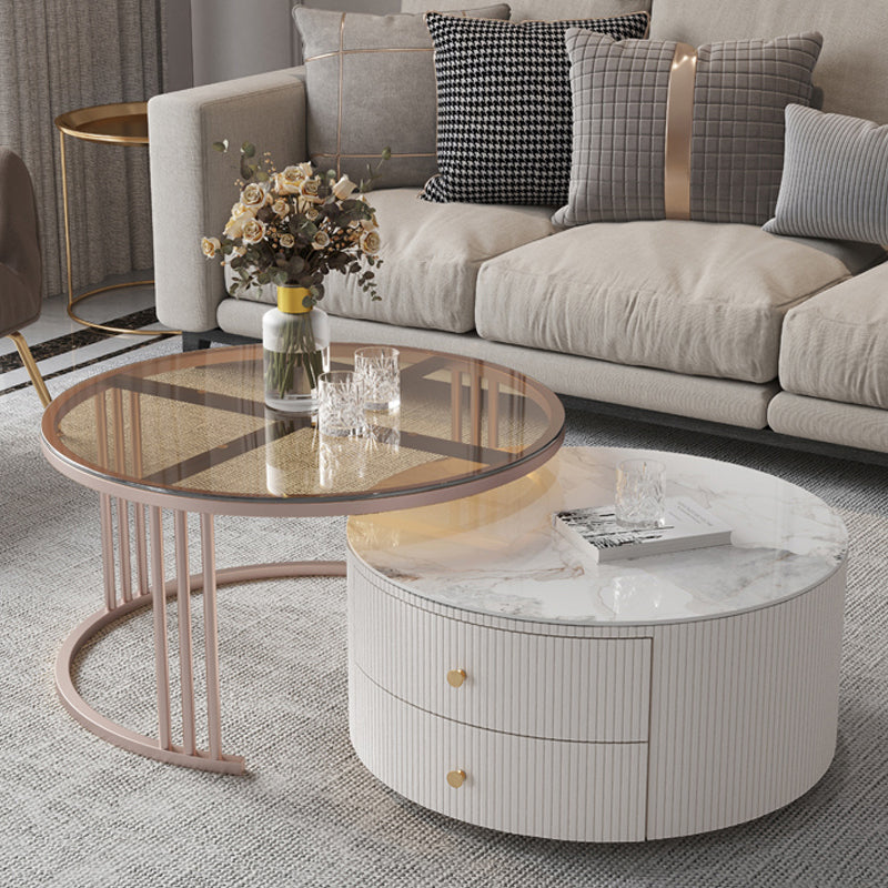 Glam Nesting Coffee Table Set Drum Round Slate Coffee Table with Drawers 31"L x 31"W x 17"H + 28"L x 28"W x 14"H Glass Grey White Clearhalo 'Coffee & Accent Tables' 'Coffee Tables' 'coffee_tables' 'furn' 'furn_coffee_tables' 'Furniture' 'Living Room Furniture' 7131719