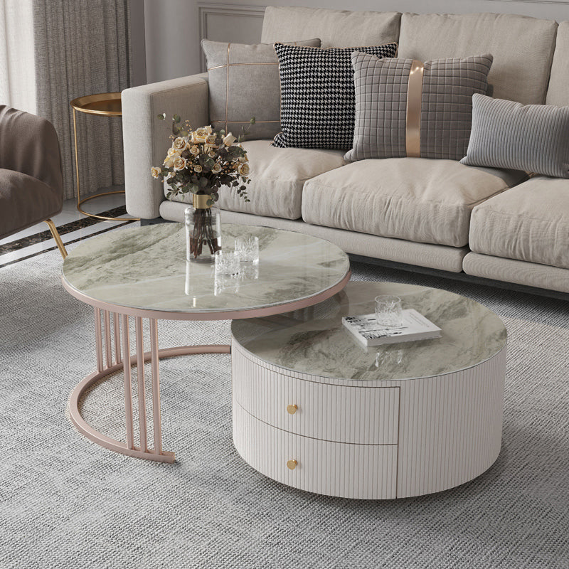 Glam Nesting Coffee Table Set Drum Round Slate Coffee Table with Drawers 28"L x 28"W x 17"H + 24"L x 24"W x 14"H Stone Gray Clearhalo 'Coffee & Accent Tables' 'Coffee Tables' 'coffee_tables' 'furn' 'furn_coffee_tables' 'Furniture' 'Living Room Furniture' 7131722