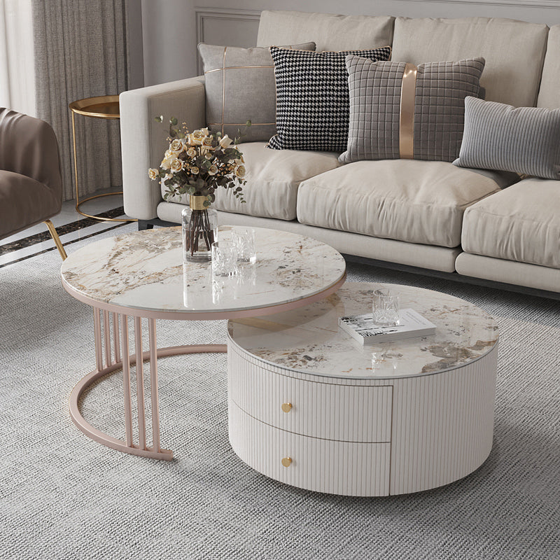Glam Nesting Coffee Table Set Drum Round Slate Coffee Table with Drawers 28"L x 28"W x 17"H + 24"L x 24"W x 14"H Stone Pandora Gold Clearhalo 'Coffee & Accent Tables' 'Coffee Tables' 'coffee_tables' 'furn' 'furn_coffee_tables' 'Furniture' 'Living Room Furniture' 7131724