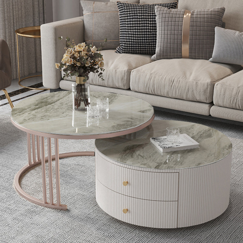 Glam Nesting Coffee Table Set Drum Round Slate Coffee Table with Drawers 31"L x 31"W x 17"H + 28"L x 28"W x 14"H Stone Gray Clearhalo 'Coffee & Accent Tables' 'Coffee Tables' 'coffee_tables' 'furn' 'furn_coffee_tables' 'Furniture' 'Living Room Furniture' 7131729
