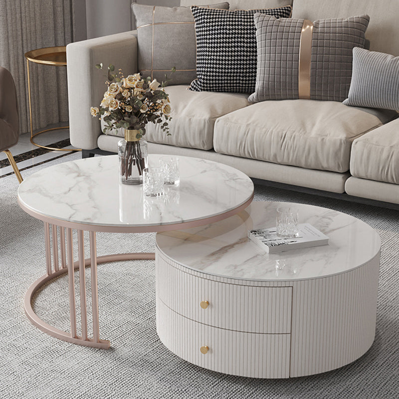 Glam Nesting Coffee Table Set Drum Round Slate Coffee Table with Drawers 31"L x 31"W x 17"H + 28"L x 28"W x 14"H Stone White Grey Clearhalo 'Coffee & Accent Tables' 'Coffee Tables' 'coffee_tables' 'furn' 'furn_coffee_tables' 'Furniture' 'Living Room Furniture' 7131732