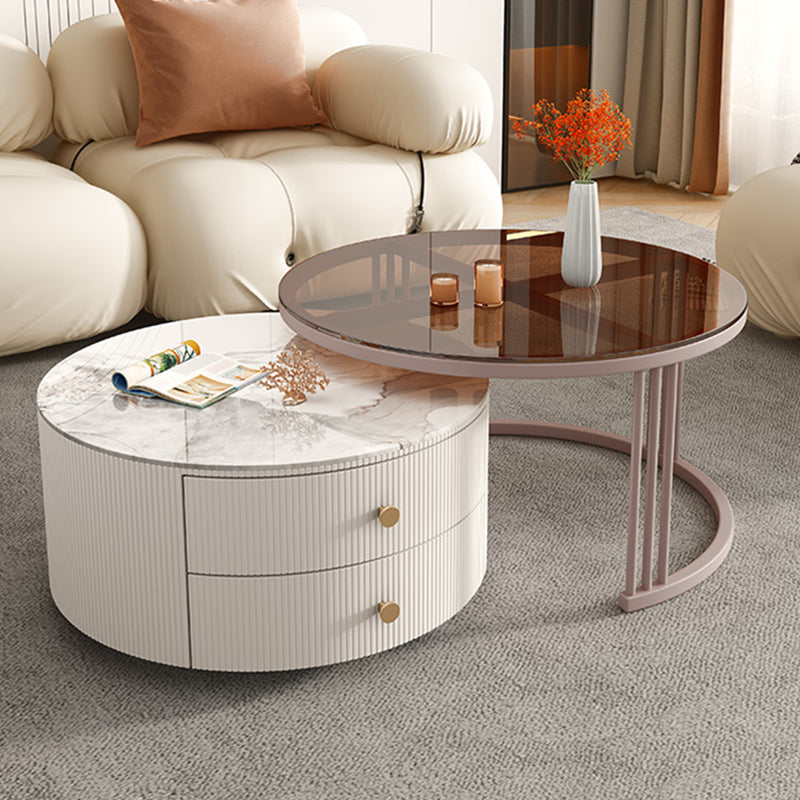 Glam Nesting Coffee Table Set Frame Round Slate Coffee Table with Drawers Clearhalo 'Coffee & Accent Tables' 'Coffee Tables' 'coffee_tables' 'furn' 'furn_coffee_tables' 'Furniture' 'Living Room Furniture' 7131760