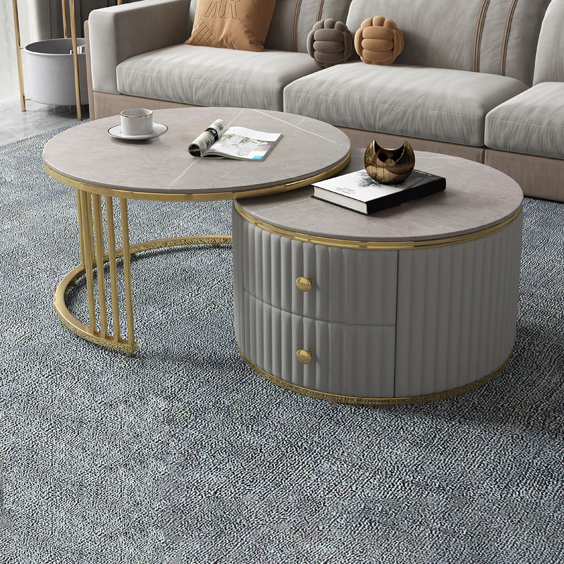 Slate and Metal Coffee Table Frame Nesting Coffee Table Set with Drawers 31.5"L x 31.5"W x 16"H + 28"L x 28"W x 14"H Grey Clearhalo 'Coffee & Accent Tables' 'Coffee Tables' 'coffee_tables' 'furn' 'furn_coffee_tables' 'Furniture' 'Living Room Furniture' 7131816