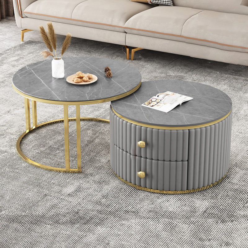Slate and Metal Coffee Table Frame Nesting Coffee Table Set with Drawers 27.5"L x 27.5"W x 15.7"H + 19.7"L x 19.7"W x 13.8"H Grey Clearhalo 'Coffee & Accent Tables' 'Coffee Tables' 'coffee_tables' 'furn' 'furn_coffee_tables' 'Furniture' 'Living Room Furniture' 7131826